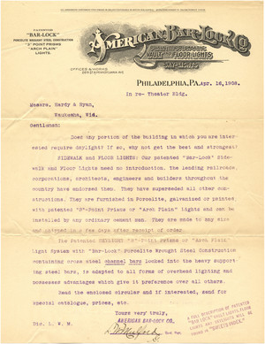 Form letter from American Bar-Lock Co to Messrs. Hardy & Ryan, Waukesha, WI &middot; 1908