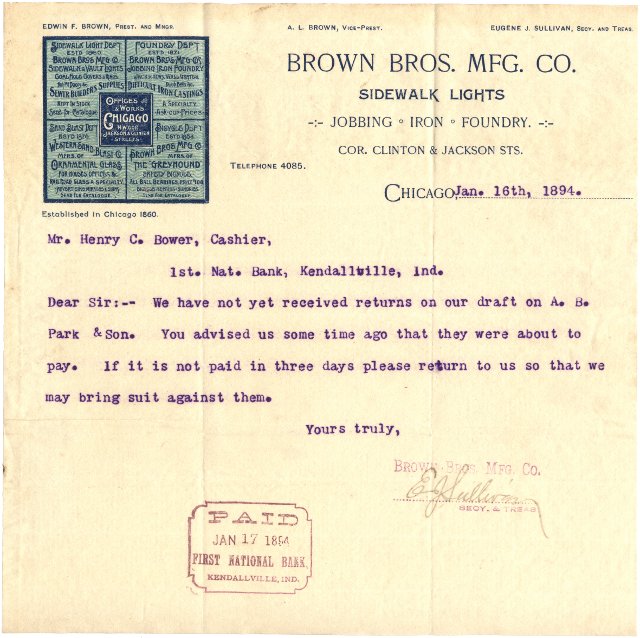 Brown Brothers Mfg Co. & Vault Lights &middot; 1894 Letter to the First National Bank, Kendallville, Indiana