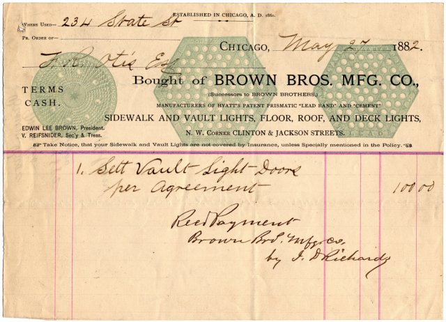 Brown Brothers Mfg Co. & Vault Lights &middot; 1882 Otis Invoice