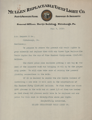 Mullen Replaceable Vault Light letter to J. G. Bennett & Co. &middot; 1918