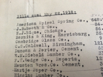 Bills owed May 22, 1918