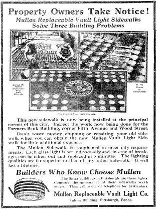 Mullen Replaceable Vault Light ad in the Pittsburgh Daily Post, Sep 27, 1914
