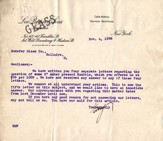 1938 Letter to Rodefer Glass Company