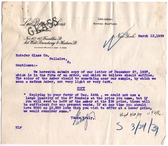1939 Letter to Rodefer Glass Company