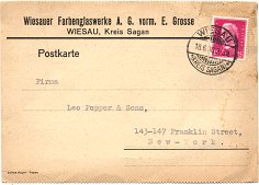 1930 Postcard from Wiesauer Farbenglaswerke to Leo Popper & Sons (front) 1930 Postcard from Wiesauer Farbenglaswerke to Leo Popper & Sons (front)