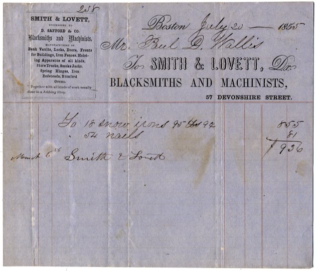 Smith & Lovett bill to Paul D. Wallis &middot; 1855