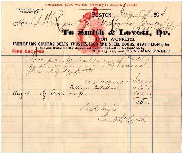 Smith & Lovett bill to Rogers &middot; 1894
