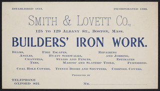 Smith & Lovett undated trade card